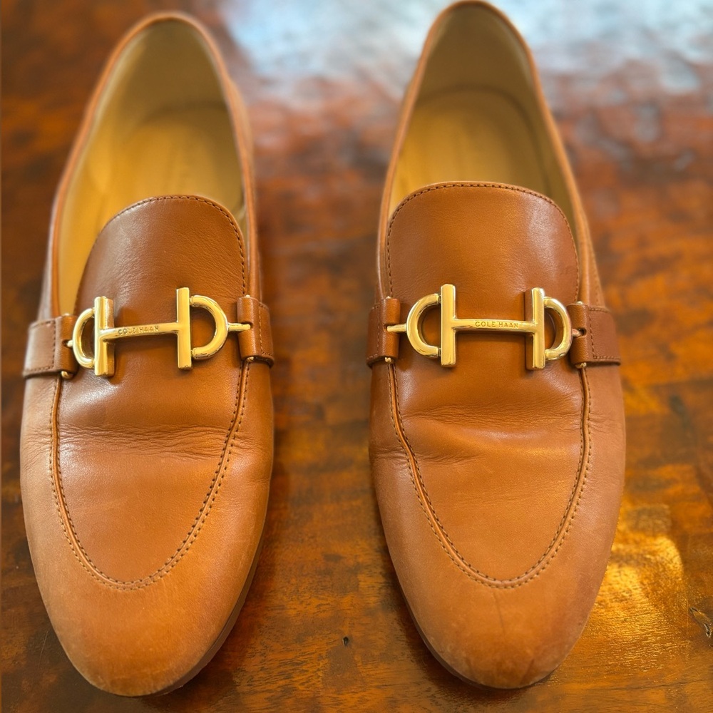 Cole Haan Tan Leather Loafers with Gold Buckle